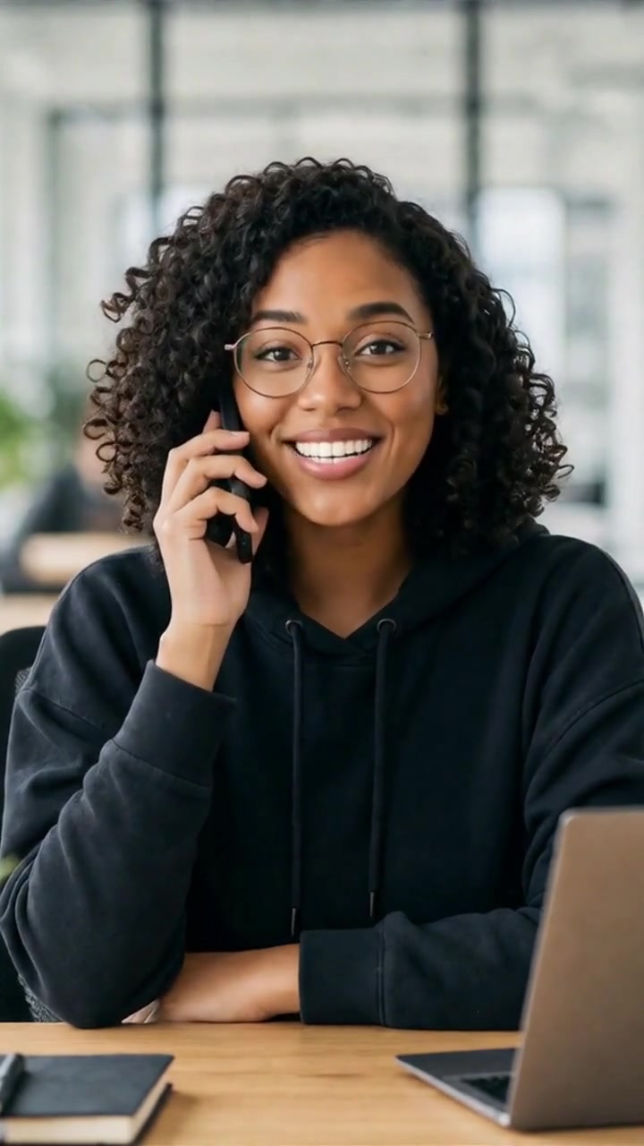 Digitale Telefonmitarbeiterin nimmt einen Kundenanruf freundlich entgegen